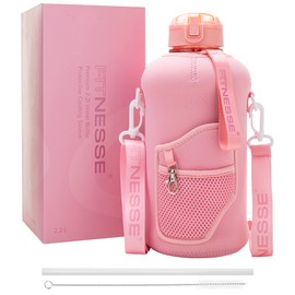 Fitnesse 2.2l Water Bottle | Large Gym Water Bottle | With Straw & Phone, Keys Storage Sleeve | Eco-friendly Drinks Bottle With Shoulder Strap | BPA Free - Pink