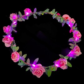 ROSI LED Flower Hair Wreath with Pink Flowers and Pink LEDs/Wedding Birthday Oktoberfest Spring Festival Party