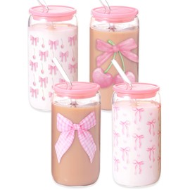 Pecfamly Cute Pink Bow Aesthetic Stuff Gifts for Teen Girls, Clear Reusable Iced Coffee Boba Tea Glass To Go Cups Tumbler with Lids and Straws, Patron Reusable Cups with Straw Bottles Empty for Drinks