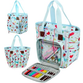 JOZEA Crochet Projects Tote Bag, Cartoon Basket Yarn Organizer for Knitting Hooks, Needles,Yarns and Other Accessories