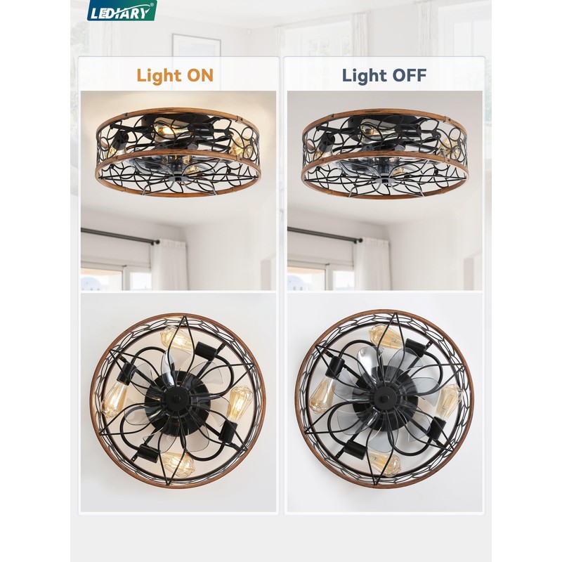 LEDIARY Caged Ceiling Fans with Lights, Farmhouse Flush Mount Ceiling