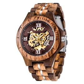 Tiong Men's Wooden Red Brown Mechanical Automatic Movement Wooden Watches, Retro Lightweight Men's Watch with Wooden Gift Box, Classic Wooden Watch as a Gift for Men