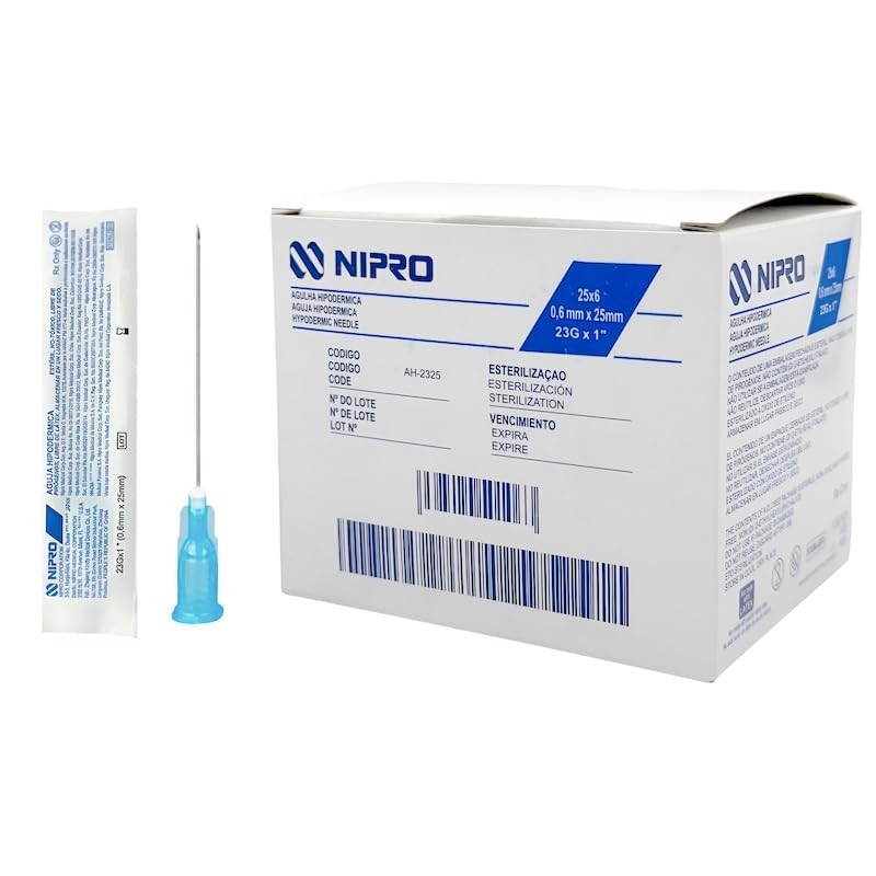 Nipro Agujas Hipodérmicas Estériles 23G x 25 mm, Punta Tribiselada,