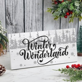 Yousoontic Winter Wonderland Wood Box Sign Plaque White Farmhouse Winter Wooden Christmas Decor Christmas Table Decor 12 x 6 Inch Rustic Christmas Tree Block Sign for Holiday Table Home House Kitchen