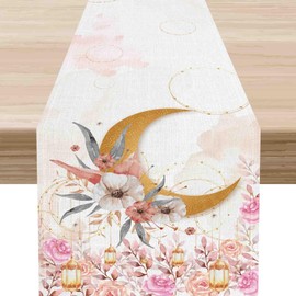 Boho Floral Table Runner, Watercolor Flower Moonlit Moon Seasonal Gothic Witch Mystical Pink Coffee Table Center Decor for Home Kitchen Dining Holiday Party Outdoor Table Decorations, 13"x36" Inch