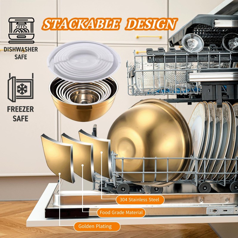 7 Pack Gold Mixing Bowls Set with 5 PCS Kitchen