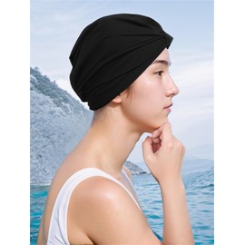 Swim Cap Women Retro Turban Cap Anti Slip Swimming Cap for Long Hair Pleated Knotted Swim Cap for Short Hair Bathing Cap Extra Large Swim Cap Elastic Comfort Cap for Swim Sleeping Spa Shower,Black