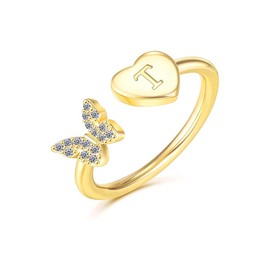 INENIMARTJ Initial Rings for Women Stackable Butterfly Initial Letter Rings Crystal Inlaid Capital Alphabet Ring 14k Gold Silver Rose Gold Plated Open Adjustable Initial rings Jewelry, Adjustable,
