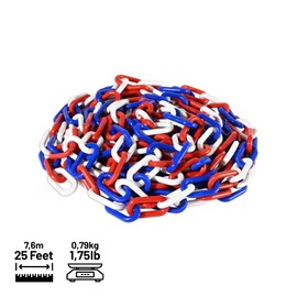 FlexiLink Plastic Chain. Eye-Catching Colors. 2” Link Dia, 25 Ft Length for Safety barriers, Crowd Management, Event Safety, Decoration, Queue Lines. UV Resistant, Waterproof, Red White Blue, 25 Feet