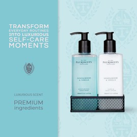 Pecksniff's Kitchen Soap Dispenser Set, Moisturizing Liquid Hand Soap Lotion Set for Kitchen Sink Bathroom Countertop with Black Metal Mesh Caddy, 10.14 Fl oz (Sandalwood and Vanilla)