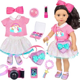 American 18 Inch Doll Clothes and Makeup Accessories Set - Includes Top and Skirt, Bag,Camera,Cell Phone,Eye Shadow,Blush,Bracelet,Lipstick,Bow Hair Clips (NO Doll)