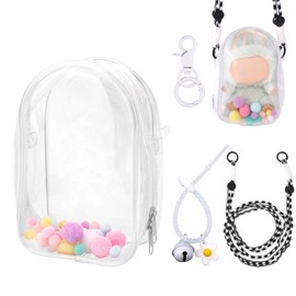 Tinoaly Clear Figure Display Case, Protective Case for Plush Doll Storage Bag Portable Crossbody PVC Hanging Doll Cover Pouch with Keychain for 15cm Dolls Accessories (White)