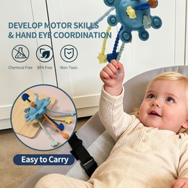 Little Rawr Silicone Baby Sensory Montessori Toys & Pull String Teething Toys for 18 M+, Toddler Birthday Gift Car Seat Airplane Travel for 1 2 Year Old Boy Girl Infant 18 Months Old (Blue)