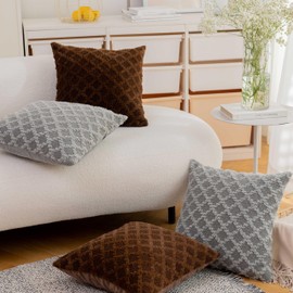 Home Brilliant Set of 2 Super Soft Faux Fur Cushion Covers 45x45 Square Cushion Cover Argyle Pattern Living Room Sofa, Grey