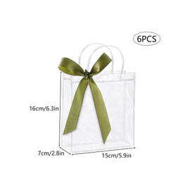 Pack of 6 Transparent Gift Bags with Bows, 16 x 15 x 7 cm Small Clear Gift Packaging Bags, Plastic Bags with Handle (Green Bows)