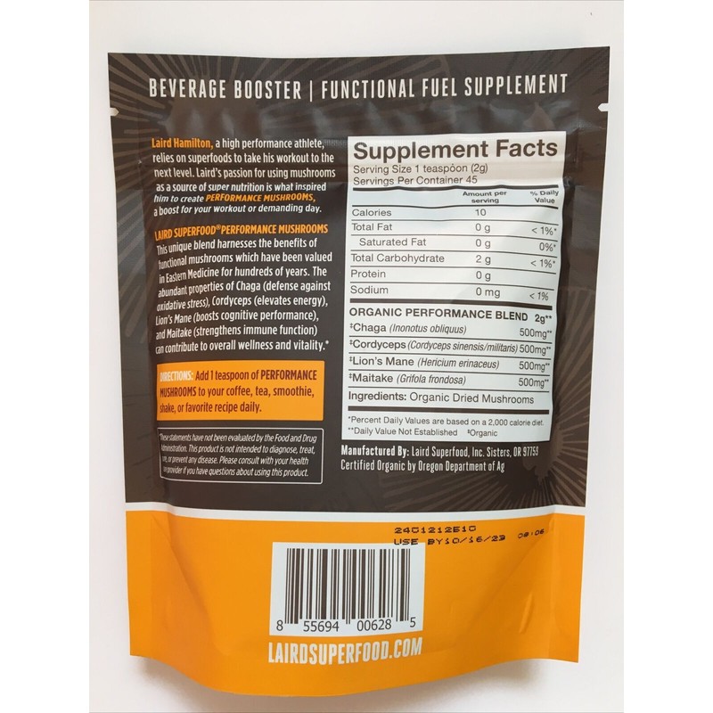 Laird Superfood Performance Mushroom Blend 3.17oz Energy Cognition Best By