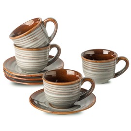 Tikooere Ceramic Espresso Cups with Saucers 5 Oz,Set of 4 Porcelain Demitasse Cups Set,Small Coffee Cups with Handle for Coffee,Tea,Latte and Macchiato,Cappuccino Mugs for Kitchen and Cafe,Brown