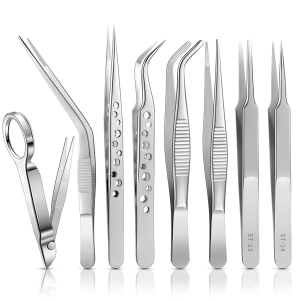 Honoson 8 Pcs Tweezers Set Stainless Steel Tweezers Forceps with