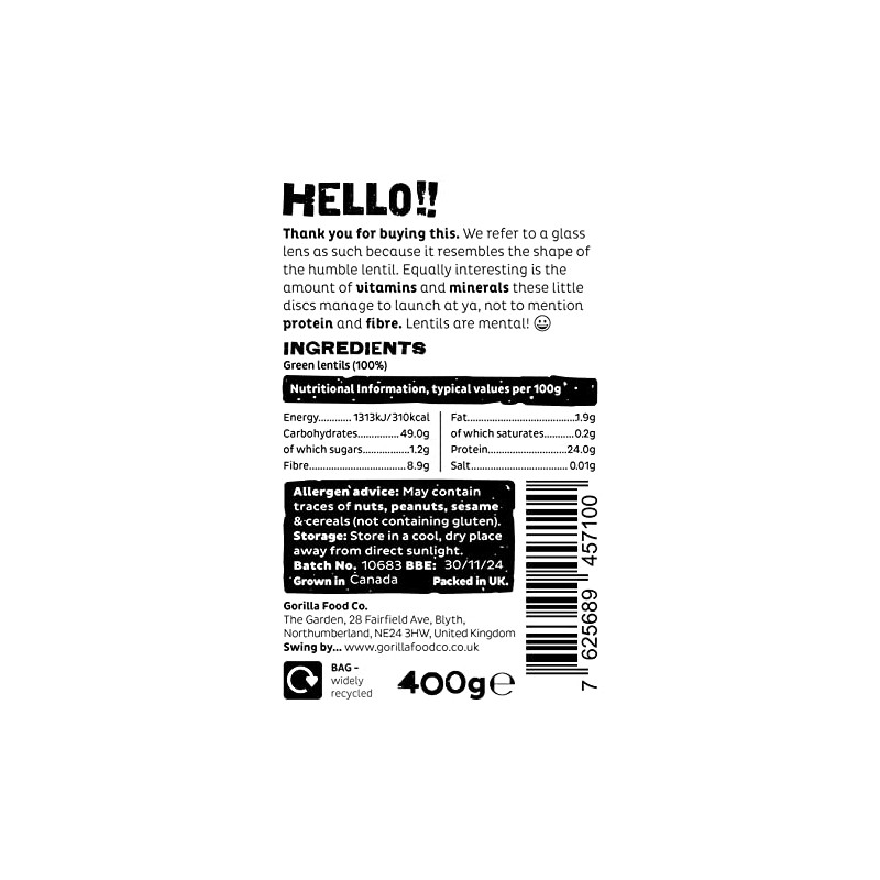 Gorilla Food Co. Green Lentils Whole Dried - 400g