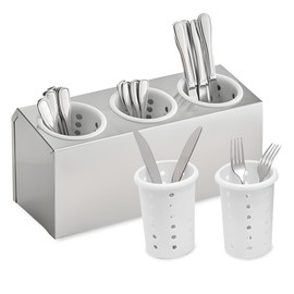 OCS Parts 3-Compartment Silverware Display Holder | White Cylinders | Stainless Steel Kitchen Caddy Utensil Holder with Perforated Cylinders for Home Kitchens, Restaurants, and Buffets