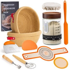 Sourdough Starter Kit, Handmade Cotton Rope oval and round banneton bread baskets with liners and covers, 35oz sourdough starter jar, essential bread baking tools