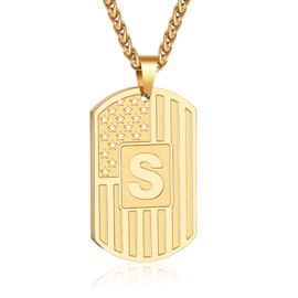 Bellino Initial S Necklace for Men, Letter Dog Tag American Flag Stainless Steel Teen Teenager Him Pendent Chain Alphabet Necklaces Jewelry Christmas Gifts Gold
