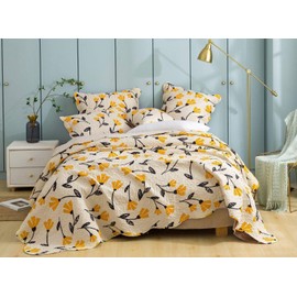 DaDa Bedding Fresh Botanical Bedspread Quilt - Yellow Fleur Floral Tulips Quilted Coverlet Set - Scalloped Edges Bright Vibrant Ivory Cream - Queen Size - 3-Pieces