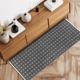 THE BEER VALLEY Diamond Woven Runner Rug 2'x6' - Black, Anti-Slip Farmhouse Cotton Rugs for Hallway Kitchen Living Room - 24x72 Inches