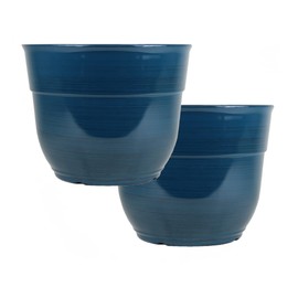 Garden Elements Indoor/Outdoor Glazed Brushed Happy Plastic Planter, Large, Dark Teal, 15" (Pack of 2)
