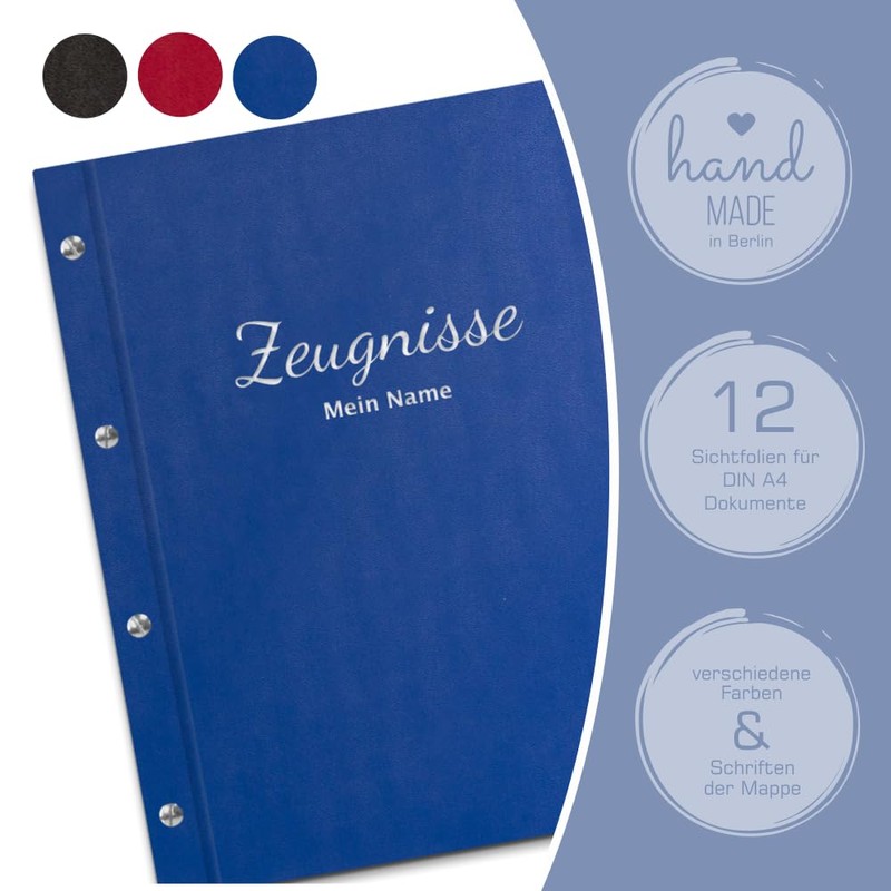 Handmade Certificate Folder with Your Own Name in Blue Leather