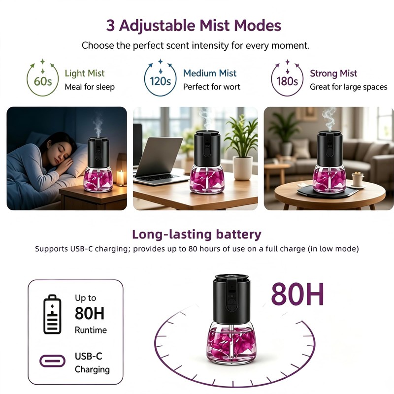 KIMWUVI Waterless Essential Oil Diffuser, Rechargeable, 3 Mist Modes