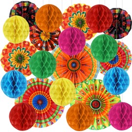 Outus 21 Pcs Mexican Party Decorations Set Cinco De Mayo Decor Fiesta Hanging Paper Fans Mexican Banners Tissue Pom Poms for Taco Carnival Event Birthday Wedding Photo Supplies (Classic)