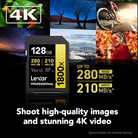 Lexar SD Card Professional 1800x SDXC Card Max Read 270MB/s Write 180MB/s UHS-II Class 10 U3 V60 4K Ultra HD Video Shooting Global Version (128GB)
