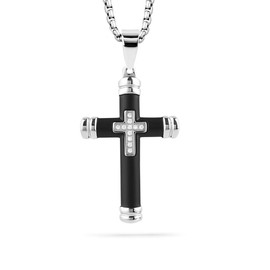 Buve Cross Pendant necklace Stainless Steel Black Textured & Silver Polished & a CZ Diamond Inlay With a 26 Inch Silver Rolo Chain
