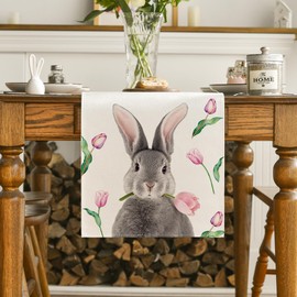 Artoid Mode Tulip Rabbit Easter Table Runner, Washable Modern Spring Kitchen Dining Table Decoration for Indoor and Outdoor, Holiday, Party, Living Room Decor, 40 x 180 cm