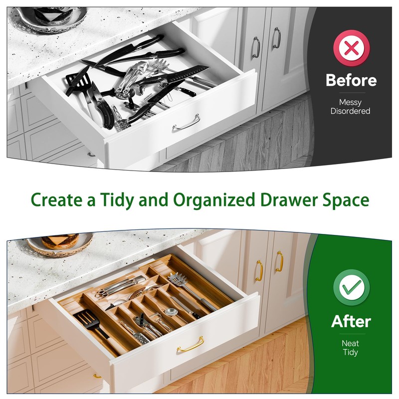 Simple Trending Bamboo Kitchen Drawer Organizer, Expandable Silverware Organizer, Utensil