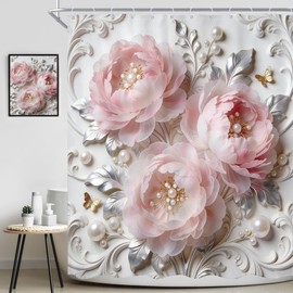 Ufeela Pink Floral Shower Curtain 72Wx72L Inch Blush Pink Flower Abstract Bold Peony Rose Silver Leaves Botanical for Women Girly Pretty Luxury Bathroom Set Bath Curtain Bathtub Accessories Home Decor