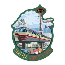 Die Cut Sticker Seattle, Washington, Space Needle Opening Day Scene, Contour Vinyl Sticker 1 to 3 inches (Waterproof Decal for Cars, Water Bottles, Laptops, Coolers), Small