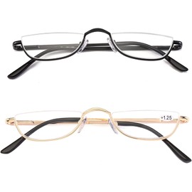 REAVEE 2 Pack Retro Designer Half Moon Reading Glasses Women Men Spring Hinge Half Frame Readers Stylish Slim Eyeglasses with Pouch,Gold and Gun Grey 1.0