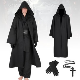 Capa Negra Disfraz Halloween Hombre Mujer, 3PCS con Abrigo Negro, Collar con Cruz y Guantes,Costume Capa,Disfraz Cosplay,Disfraces de Halloween Decoracion,Halloween Costume,Adornos