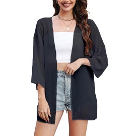 Hey Joo Women's Lightweight Chiffon Kimono Cardigan Casual Loose Beach Bathing Suit Cover Up Shrug Top Black M