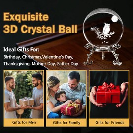 3D Owl Crystal Ball with Stand Paperweights Healing Ball, Owl Gifts for Men Women Family, Owls Decor for Room Office, Paperweight Art Glass Decorative, for Christmas Birthday (60mm)