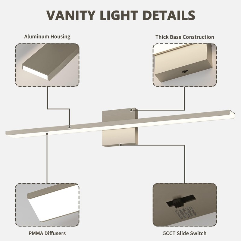 JUSHENG Brushed Nickel Vanity Lights for Bathroom Light Fixtures 5CCT