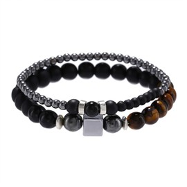 Pulseras para Hombres QWONEKOU,Pulsera de Ojo de Tigre Esmerilado Negro para Hombre,Dobles Pulsera Cuentas de Hierro Cuadradas,Regalo de Joyería para Hombres y Adolescentes – Joyería de Moda 30024