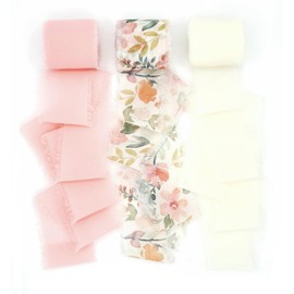 SIMPLE AND THINGS Fringe Chiffon Ribbon, 1.5" X 18 Yards Total, Chiffon Ribbon Set for Wedding Invitations, Flower Bouquets, Gift Wrapping, Invites, DIYs, Floral Ribbon (Blush, Cream, Floral)