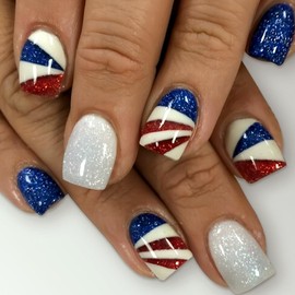 4th of July Nails - Fourth of July Nails Short Square Press On Nails Fake Nails with Red Blue White Stripe Glitter Design, Acrylic Artificial False Nails Press Ons Stick On Nails for Women