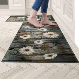 Miffrank Daisy Kitchen Rugs Sets of 2 Washable Non Slip Kitchen Mats for Floor with Rubber Backing, Waterproof Cushioned Anti-Fatigue Mats for Kitchen Laundry Room Hallway Decoration