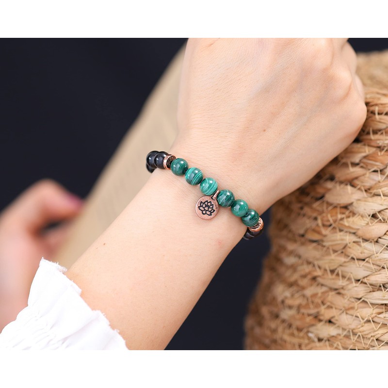COAI Yoga Bracelet with Lotus Flower Charm, Schorl Malachite, malachite