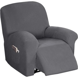 Flamingo P Stretch Recliner Chair Cover Recliner Cover for Electric/Manual Style | Furniture Cover for Reclining with Side Pocket, Soft Checked Jacquard Fabric Form Fitted Standard/Oversized - Grey