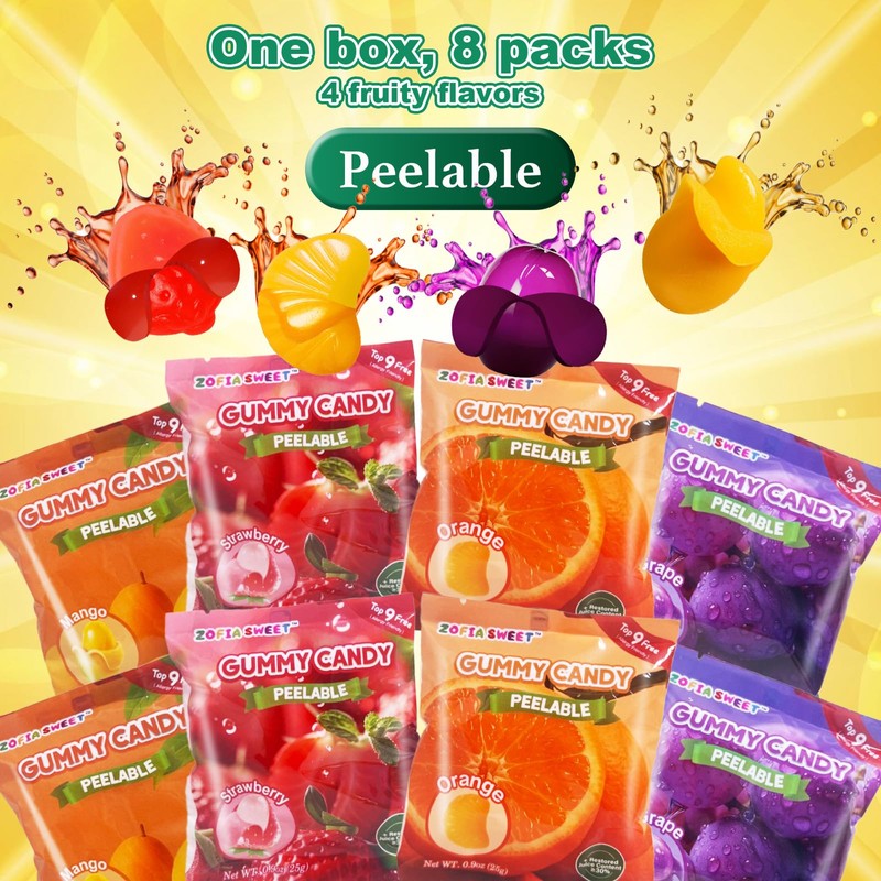 4 Friuts in 8 Packs Assorted Gummy Candy Individually Wrapped,
